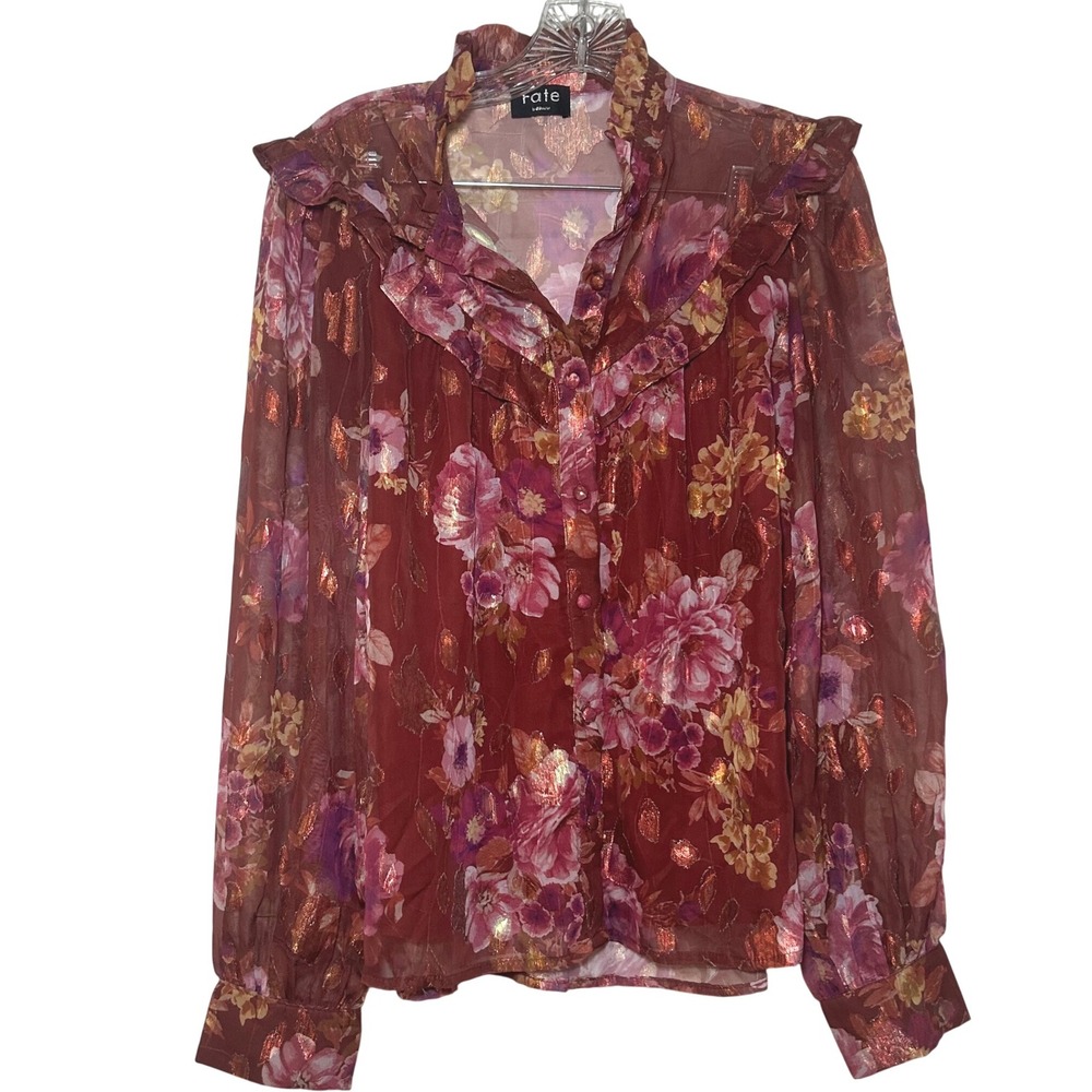 Fate Women Burgundy Floral Metallic Ruffle Sheer Sleeve Blouse Medium romantic